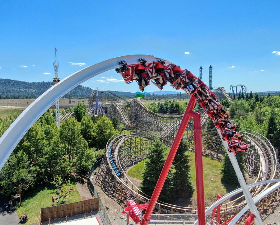 Aerial photo of Stunt Pilot roller coaster at Silverwood theme park