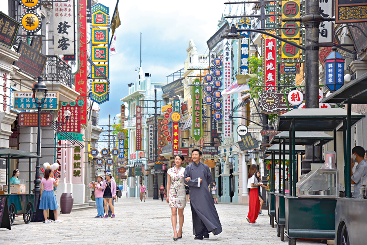 A street in Movie Town, an active film studio on Hainan Island in China.