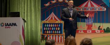Justin Brown, assistant director of aquatic operations at Universal Orlando, speaking during Managing Aquatic Related Emergencies EDUSession at IAAPA Expo 2023