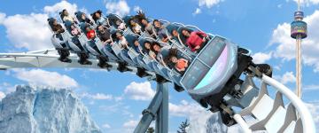 Concept art for Penguin Trek, a new family roller coaster opening spring 2024 at SeaWorld Orlando