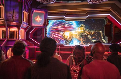 Guests watch preshow at Guardians of the Galaxy: Cosmic Rewind 