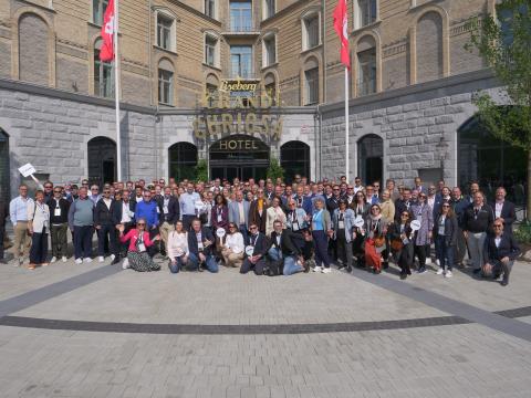 IAAPA EMEA Spring Summit attendees pose outside of Grand Curiosa hotel.
