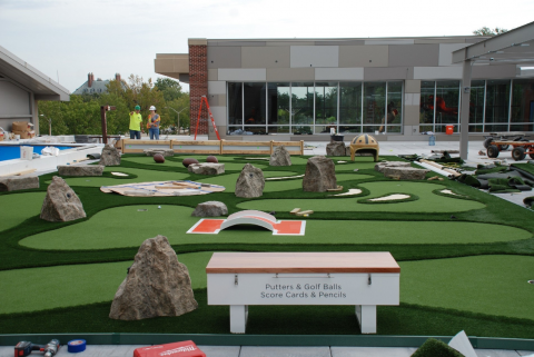 “Illini Fields” is a nine-hole mini-golf course atop the roof of the new football training center at the University of Illinois at Urbana-Champaign.
