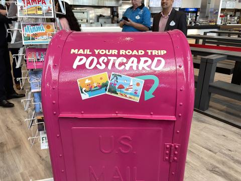 A pink mailbox.