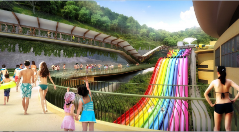 Rendering of guests overhead walkaway with the ideal view of Rainbow Rush Water Slide