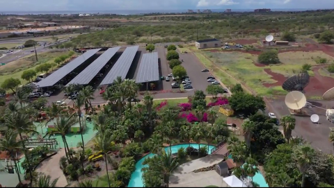 Solar panels at Wet 'n' Wild Hawaii lazy river foreground