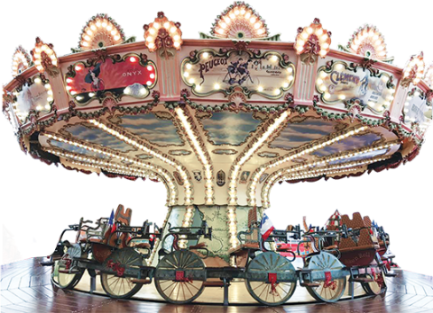 Concept 1900's velocipede is a carousel powered by humans riding bikes.