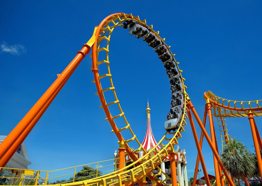 Boomerang roller coaster inside Siam Amazing Park, located in Bangkok, Thailand