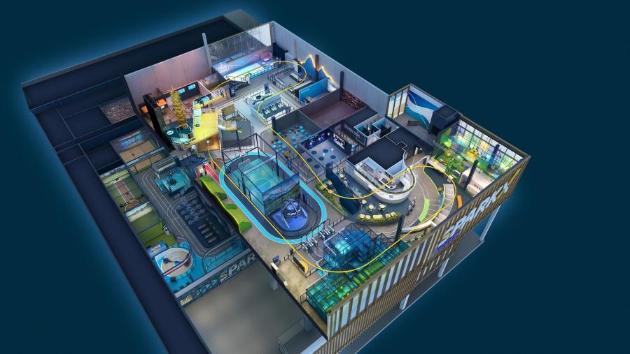 Aerial rendering of the augmented reality sports experiences offered by SparkX Sportaintment