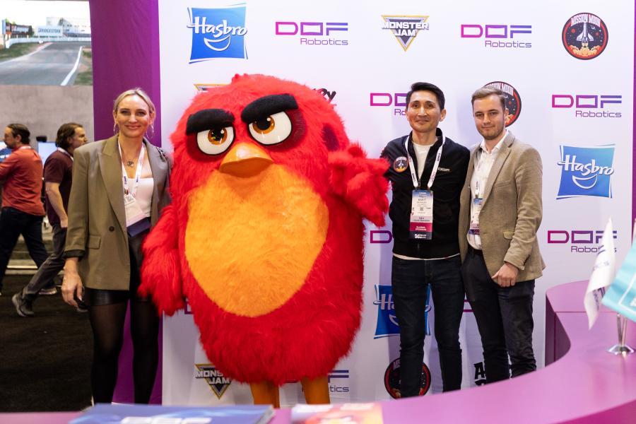Angry Birds mascot with DOF Robotics at IAAPA Expo 2023