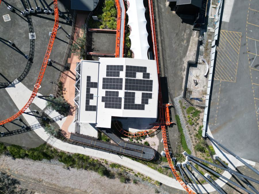 Solar panels on the roof of the Steel Taipan coaster station at Dreamworld in Queensland, Australia