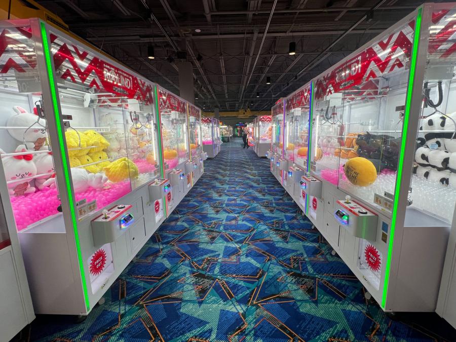 Rows of Japanese claw machines inside Round1 Bowling and Amusement in San Antonio, Texas