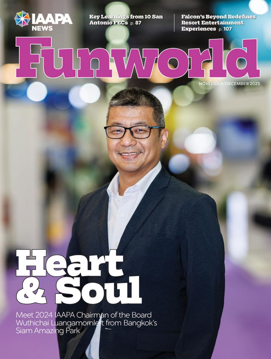 Couverture du numéro de novembre/décembre 2023 du magazine Funworld de l'IAAPA.