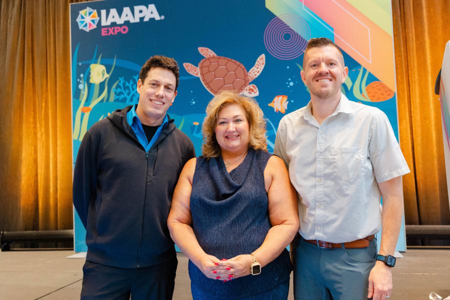 IAAPA Institute for Attractions Professionals Speakers posing for photo. Left: Douglas Akers, VP of of Operations, New Ventures at Universal Destinations and Experiences. Center: Kim Valadez, Sales and Marketing Manager at Conroe's Incredible Pizza Company. Right: David Gray, Head of HR at Lagoon Amusement Park