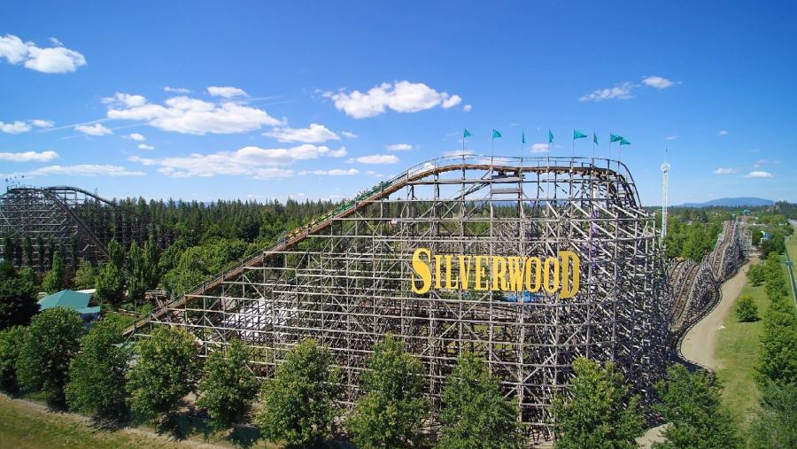 Aerial photo of Timber Terror roller coaster at Silverwood theme park