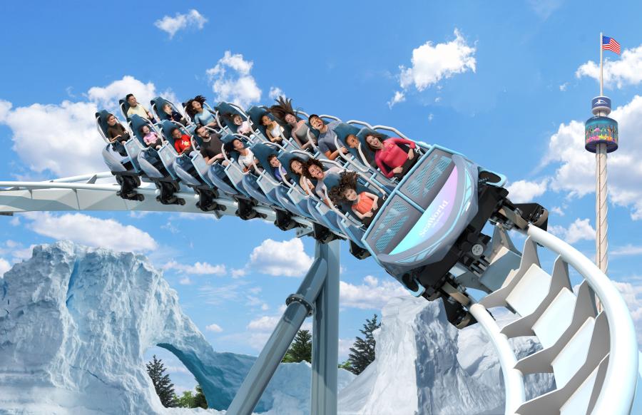 Concept art for Penguin Trek, a new family roller coaster opening spring 2024 at SeaWorld Orlando