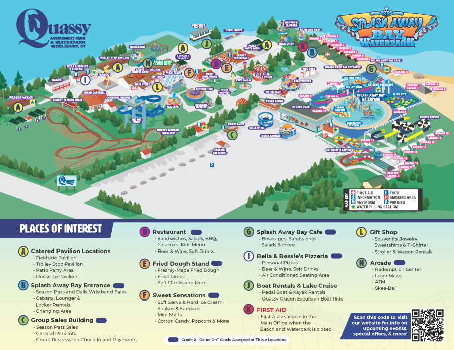 A detailed illustration of park map directions for Quassy theme park in Connecticut