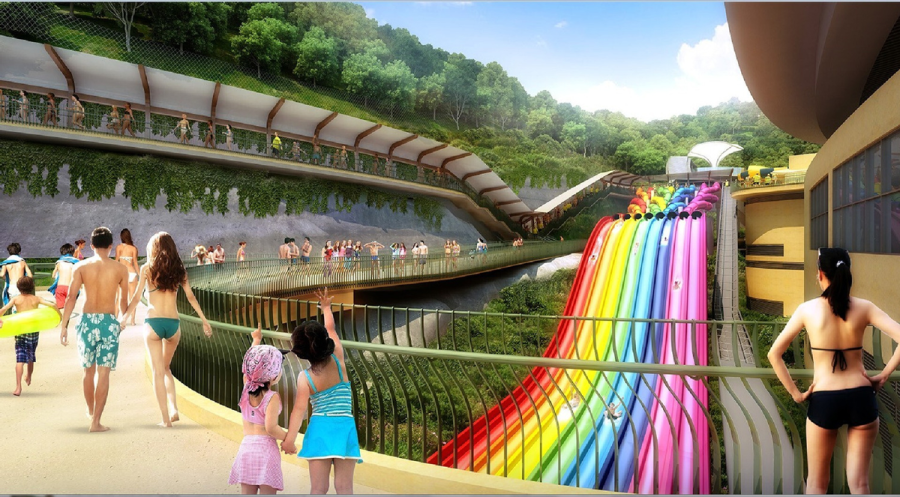 Rendering della passerella aerea degli ospiti con la vista ideale di Rainbow Rush Water Slide