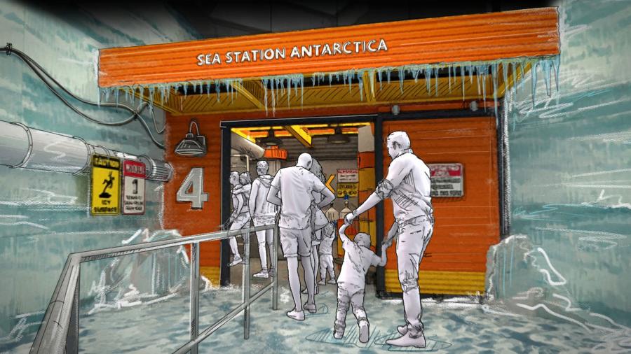 Concept art for ride entrance of Penguin Trek, a new family roller coaster opening spring 2024 at SeaWorld Orlando