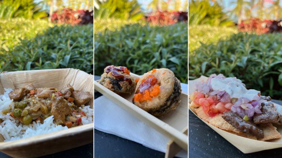 Three-grid image featuring food samples from the 2024 Seven Seas Food Festival at SeaWorld Orlando