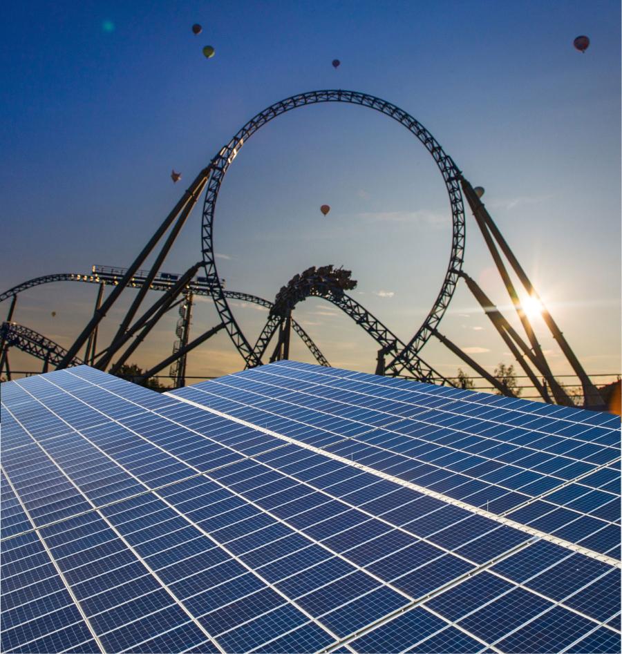 Solar panels at home in close view, next to a roller coaster in Europa-Park