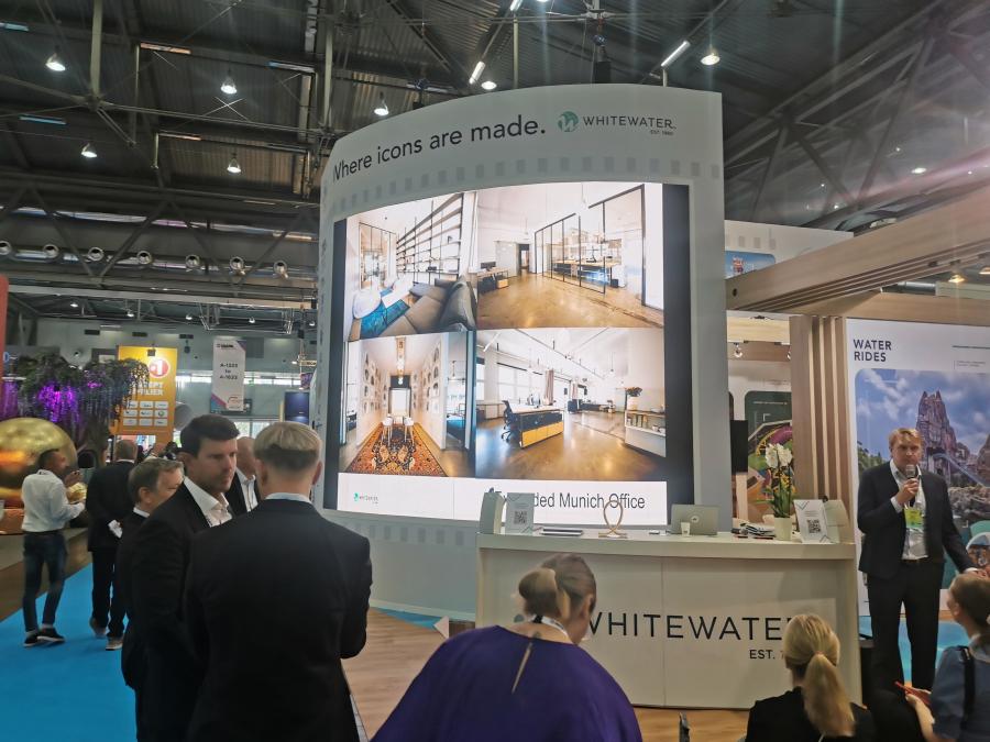 Tradeshow floor image of water park manufacturing company White Water at IAAPA Expo Europe 2023