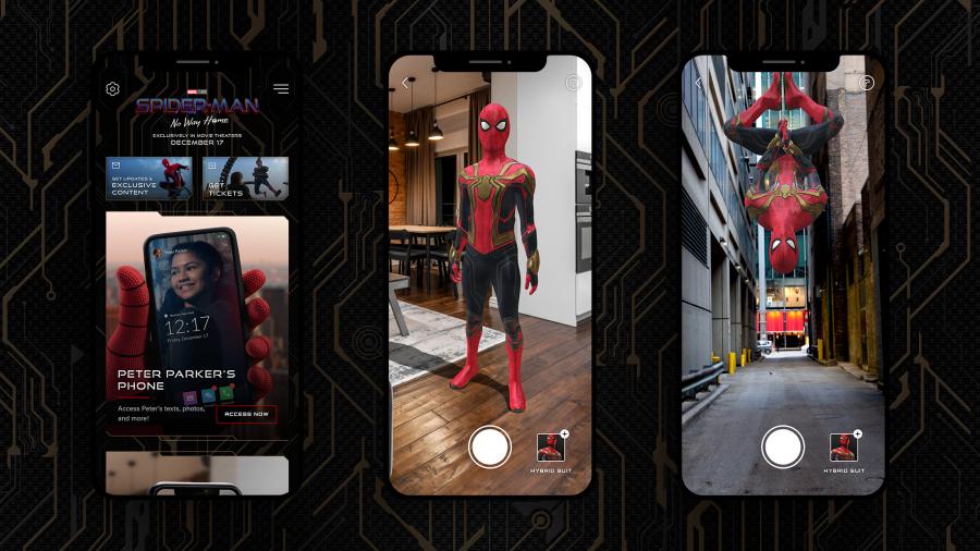 Spiderman muestra diferentes acciones con fines de marketing XR en tres iPhones.