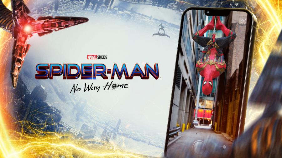 Spider Man è appeso a una corda in un'esperienza AR su uno smartphone.